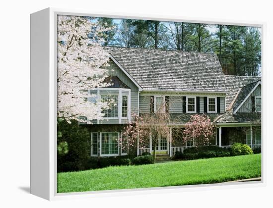 Home with Trees Blooming in Springtime-null-Framed Premier Image Canvas