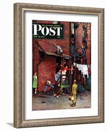 "Homecoming G.I." Saturday Evening Post Cover, May 26,1945-Norman Rockwell-Framed Giclee Print