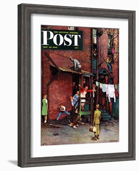 "Homecoming G.I." Saturday Evening Post Cover, May 26,1945-Norman Rockwell-Framed Giclee Print