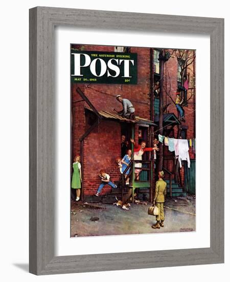 "Homecoming G.I." Saturday Evening Post Cover, May 26,1945-Norman Rockwell-Framed Giclee Print