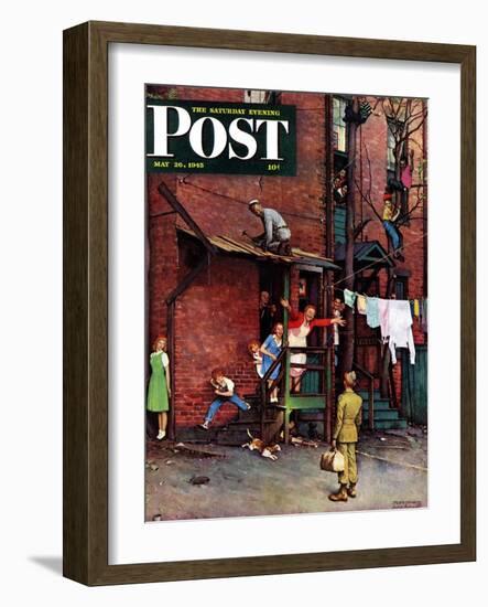 "Homecoming G.I." Saturday Evening Post Cover, May 26,1945-Norman Rockwell-Framed Giclee Print