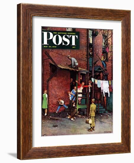 "Homecoming G.I." Saturday Evening Post Cover, May 26,1945-Norman Rockwell-Framed Giclee Print