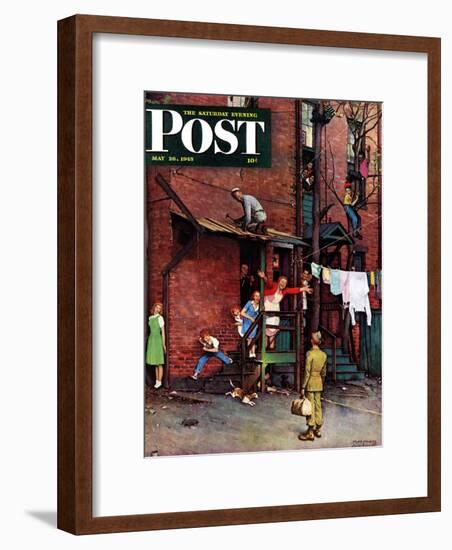 "Homecoming G.I." Saturday Evening Post Cover, May 26,1945-Norman Rockwell-Framed Giclee Print