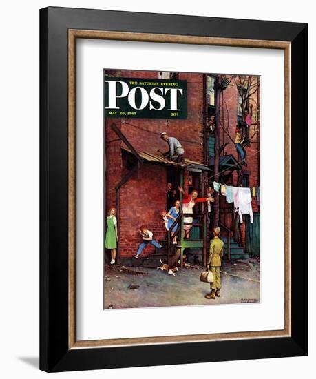 "Homecoming G.I." Saturday Evening Post Cover, May 26,1945-Norman Rockwell-Framed Giclee Print