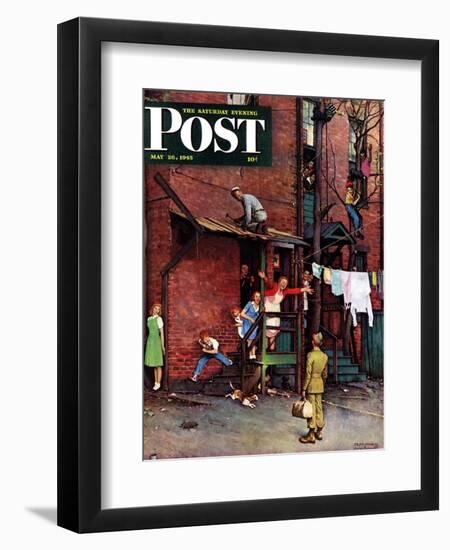 "Homecoming G.I." Saturday Evening Post Cover, May 26,1945-Norman Rockwell-Framed Giclee Print