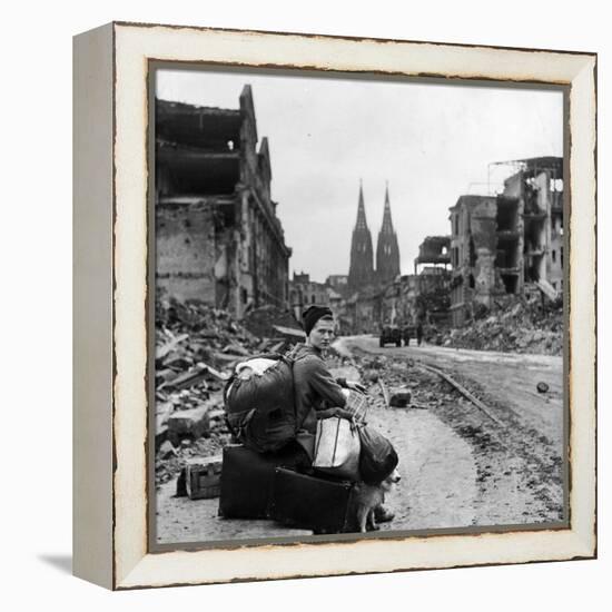 Homeless Refugee German Woman Sitting with All Her Worldly Possessions on Side of a Muddy Street-John Florea-Framed Premier Image Canvas