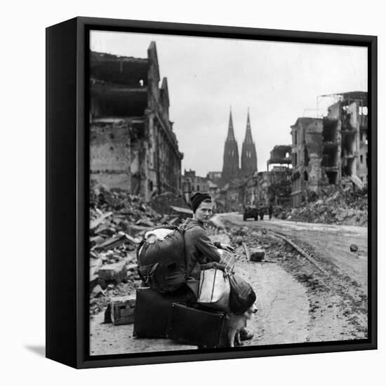 Homeless Refugee German Woman Sitting with All Her Worldly Possessions on Side of a Muddy Street-John Florea-Framed Premier Image Canvas
