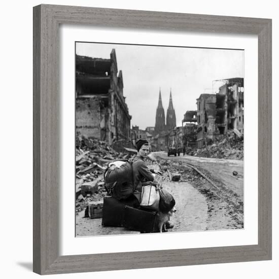 Homeless Refugee German Woman Sitting with All Her Worldly Possessions on Side of a Muddy Street-John Florea-Framed Photographic Print