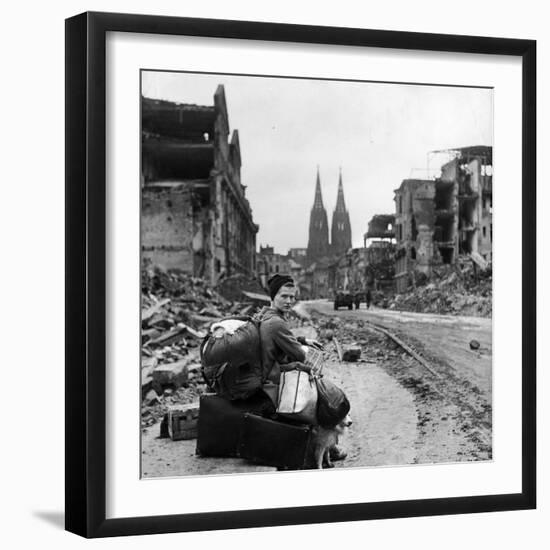 Homeless Refugee German Woman Sitting with All Her Worldly Possessions on Side of a Muddy Street-John Florea-Framed Photographic Print