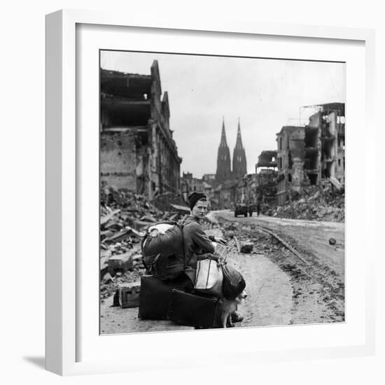 Homeless Refugee German Woman Sitting with All Her Worldly Possessions on Side of a Muddy Street-John Florea-Framed Photographic Print