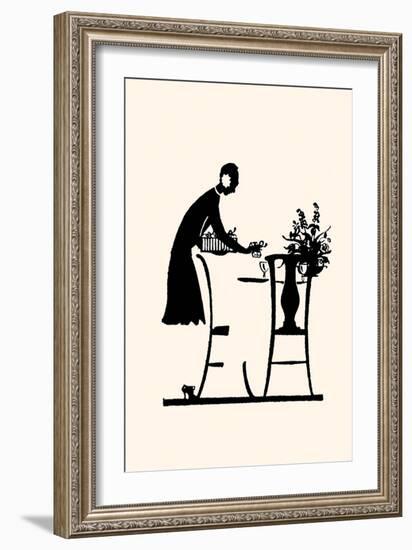 Homemaker Fills a Vase with Flowers-Maxfield Parrish-Framed Art Print