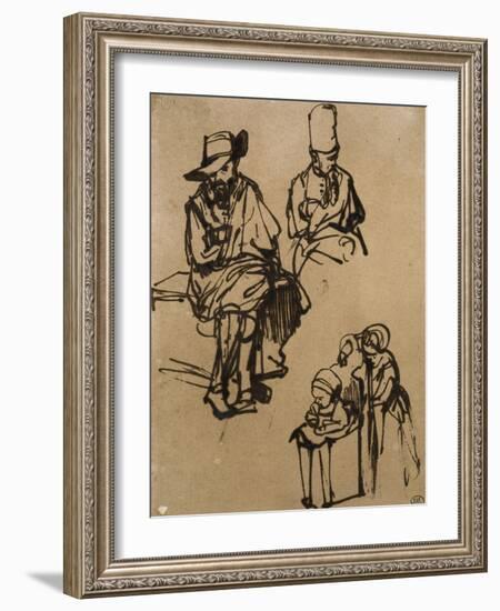 Homme assis, homme en buste coiffé d'un bonnet, et deux enfants-Rembrandt van Rijn-Framed Giclee Print