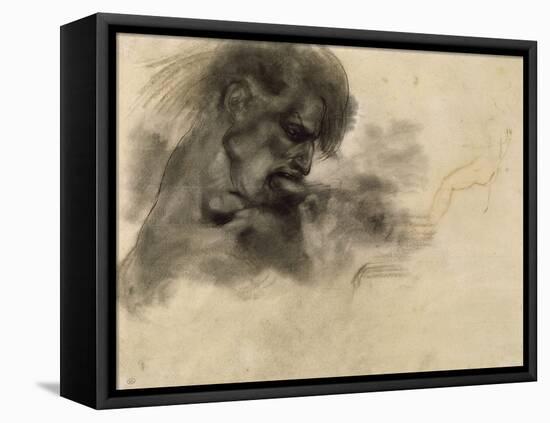 Homme nu, en buste, de profil à droite, mordant et s'agrippant; étude pour "La Barque de Dante"-Eugene Delacroix-Framed Premier Image Canvas