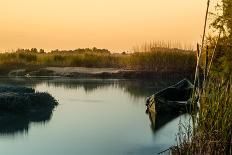 Beautiful Mist Sunrise with Old Rusty Boat on a Lake-homydesign-Photographic Print