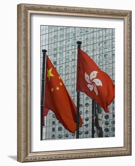 Hong Kong and Chinese Flags Fly in Central, Hong Kong, China-Amanda Hall-Framed Photographic Print