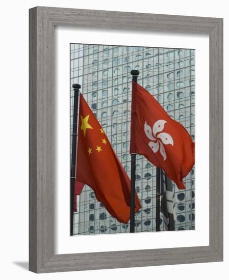 Hong Kong and Chinese Flags Fly in Central, Hong Kong, China-Amanda Hall-Framed Photographic Print