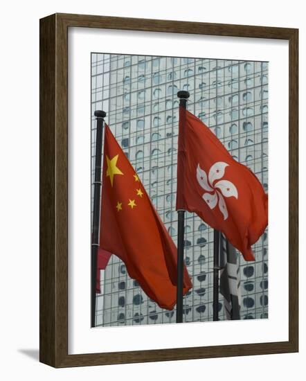 Hong Kong and Chinese Flags Fly in Central, Hong Kong, China-Amanda Hall-Framed Photographic Print