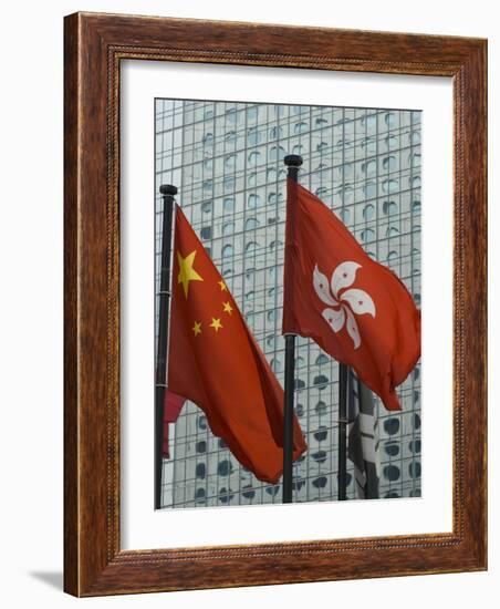 Hong Kong and Chinese Flags Fly in Central, Hong Kong, China-Amanda Hall-Framed Photographic Print