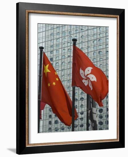 Hong Kong and Chinese Flags Fly in Central, Hong Kong, China-Amanda Hall-Framed Photographic Print