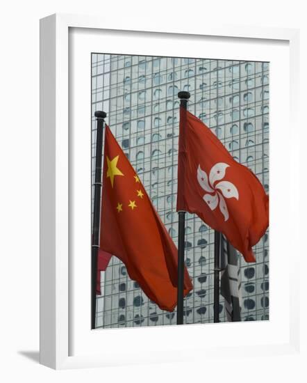 Hong Kong and Chinese Flags Fly in Central, Hong Kong, China-Amanda Hall-Framed Photographic Print