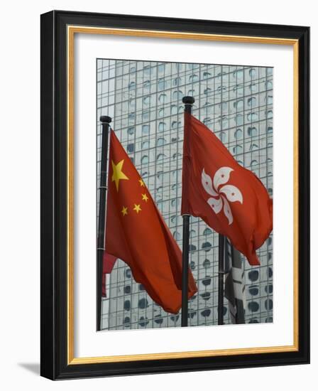 Hong Kong and Chinese Flags Fly in Central, Hong Kong, China-Amanda Hall-Framed Photographic Print