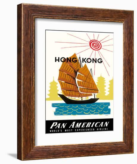 Hong Kong, China Pan Am American Traditional Sail Boat and Temples-A^ Amspoker-Framed Giclee Print