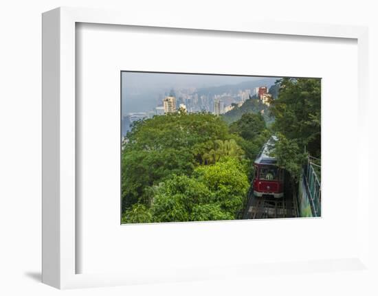 Hong Kong, China. Victoria Peak Tram Going Down Mountain on Smoggy, Hazy, Foggy Day-Bill Bachmann-Framed Photographic Print