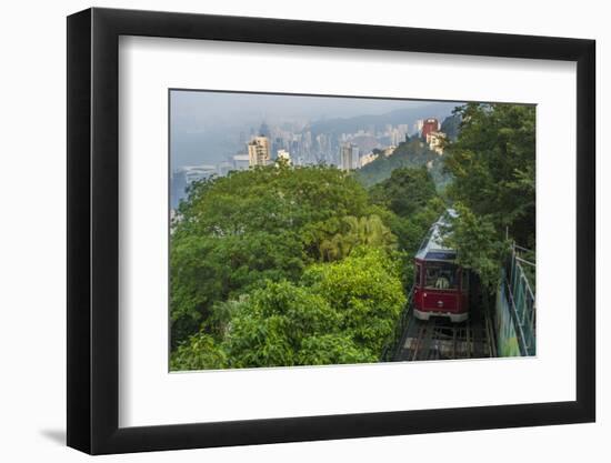 Hong Kong, China. Victoria Peak Tram Going Down Mountain on Smoggy, Hazy, Foggy Day-Bill Bachmann-Framed Photographic Print