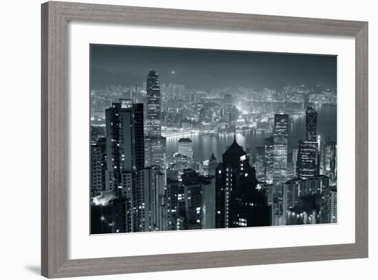 Hong Kong City Skyline At Night With Victoria Harbor And Skyscrapers Illuminated-Songquan Deng-Framed Premium Giclee Print