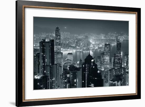 Hong Kong City Skyline At Night With Victoria Harbor And Skyscrapers Illuminated-Songquan Deng-Framed Art Print