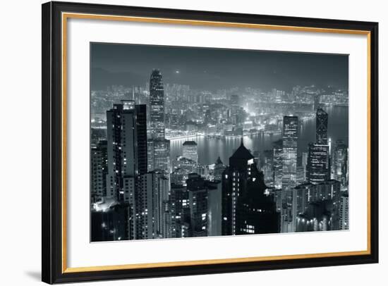 Hong Kong City Skyline At Night With Victoria Harbor And Skyscrapers Illuminated-Songquan Deng-Framed Art Print