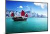 Hong Kong Harbour & Red Junk-null-Mounted Art Print