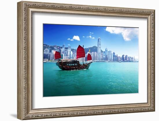 Hong Kong Harbour & Red Junk-null-Framed Art Print