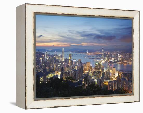 Hong Kong Island and Kowloon Skylines at Sunset, Hong Kong, China-Ian Trower-Framed Premier Image Canvas