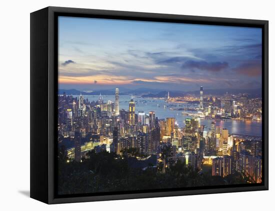 Hong Kong Island and Kowloon Skylines at Sunset, Hong Kong, China-Ian Trower-Framed Premier Image Canvas