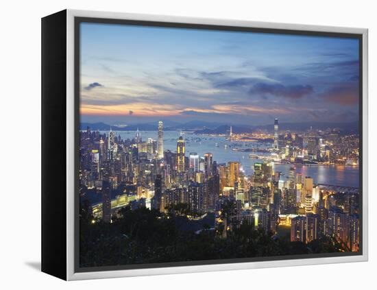 Hong Kong Island and Kowloon Skylines at Sunset, Hong Kong, China-Ian Trower-Framed Premier Image Canvas