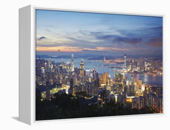 Hong Kong Island and Kowloon Skylines at Sunset, Hong Kong, China-Ian Trower-Framed Premier Image Canvas