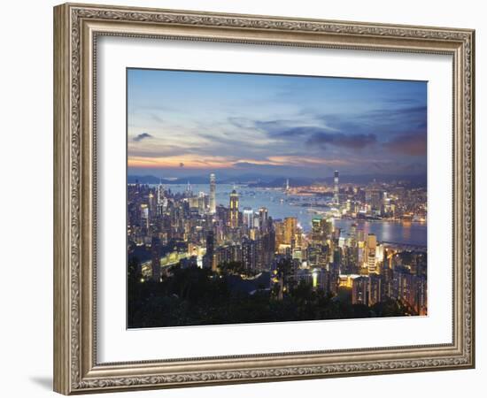 Hong Kong Island and Kowloon Skylines at Sunset, Hong Kong, China-Ian Trower-Framed Photographic Print