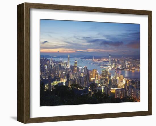 Hong Kong Island and Kowloon Skylines at Sunset, Hong Kong, China-Ian Trower-Framed Photographic Print