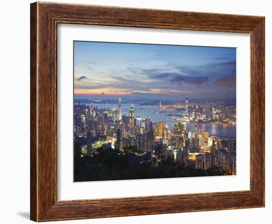 Hong Kong Island and Kowloon Skylines at Sunset, Hong Kong, China-Ian Trower-Framed Photographic Print