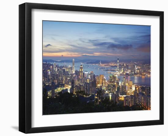 Hong Kong Island and Kowloon Skylines at Sunset, Hong Kong, China-Ian Trower-Framed Photographic Print