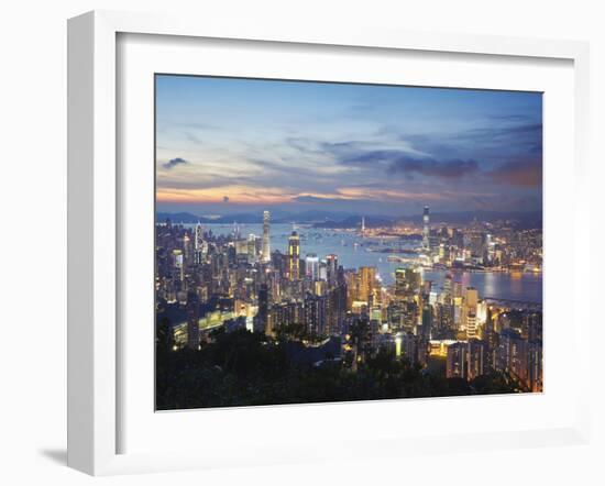 Hong Kong Island and Kowloon Skylines at Sunset, Hong Kong, China-Ian Trower-Framed Photographic Print