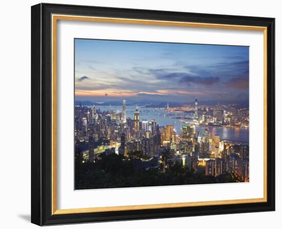 Hong Kong Island and Kowloon Skylines at Sunset, Hong Kong, China-Ian Trower-Framed Photographic Print