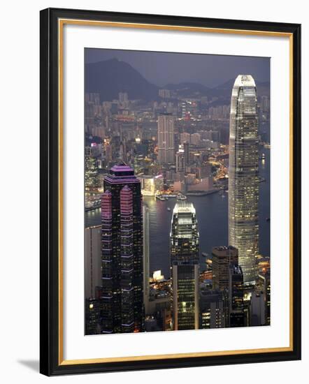 Hong Kong skyline and Victoria Harbor at night-Tibor Bogn?r-Framed Photographic Print