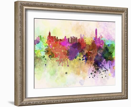 Hong Kong Skyline in Watercolor Background-paulrommer-Framed Art Print