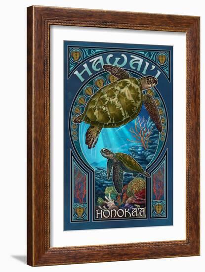 Honoka'a, Hawaii - Sea Turtle Art Nouveau-Lantern Press-Framed Art Print
