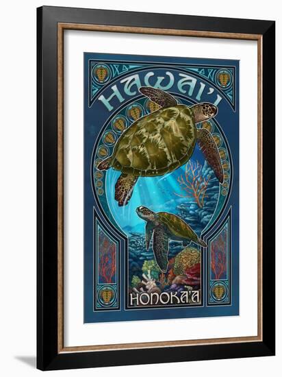 Honoka'a, Hawaii - Sea Turtle Art Nouveau-Lantern Press-Framed Art Print