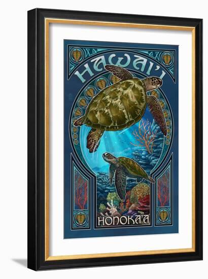 Honoka'a, Hawaii - Sea Turtle Art Nouveau-Lantern Press-Framed Art Print