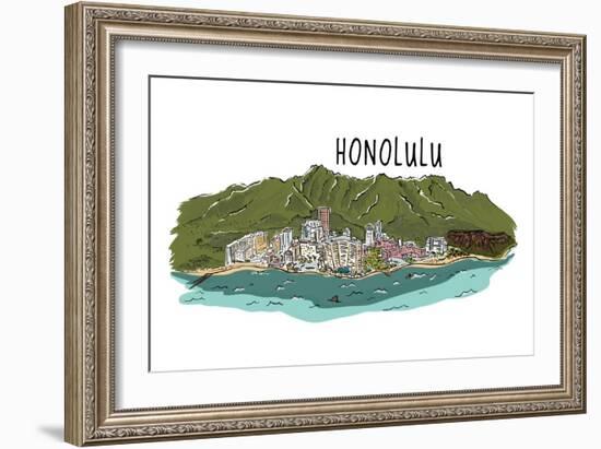 Honolulu, Hawaii - Cityscape - Line Drawing-Lantern Press-Framed Art Print