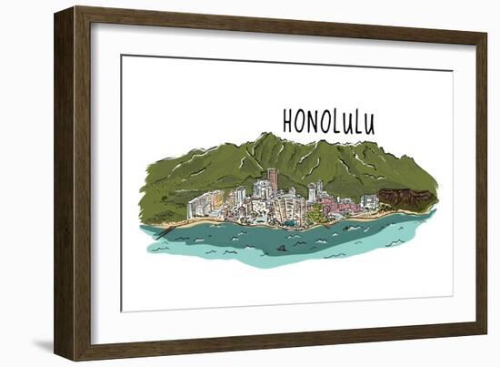 Honolulu, Hawaii - Cityscape - Line Drawing-Lantern Press-Framed Art Print
